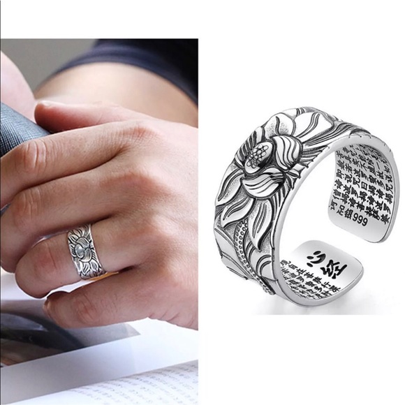 Heart Sutra lotus adjustable silver ring - Picture 6 of 9